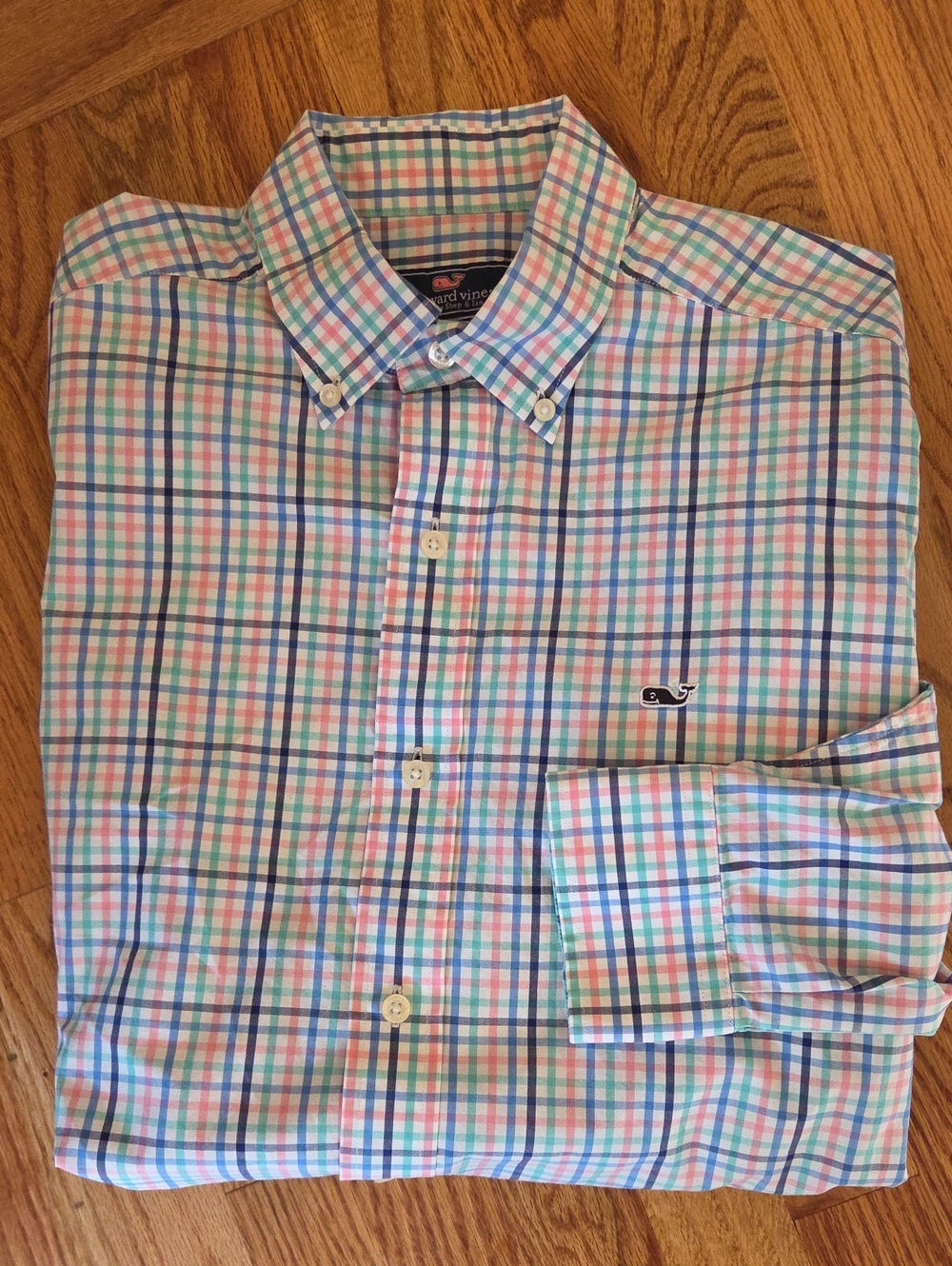 Vineyard Vines White, Blues, Pink & Green Plaid Button-Down Shirt Size: M
